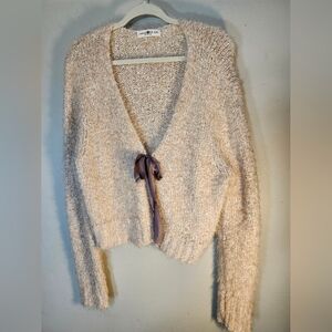 NATURAL LIFE Cozy Cream Cardigan with Ribbon Tie Clouser Accent L/XL